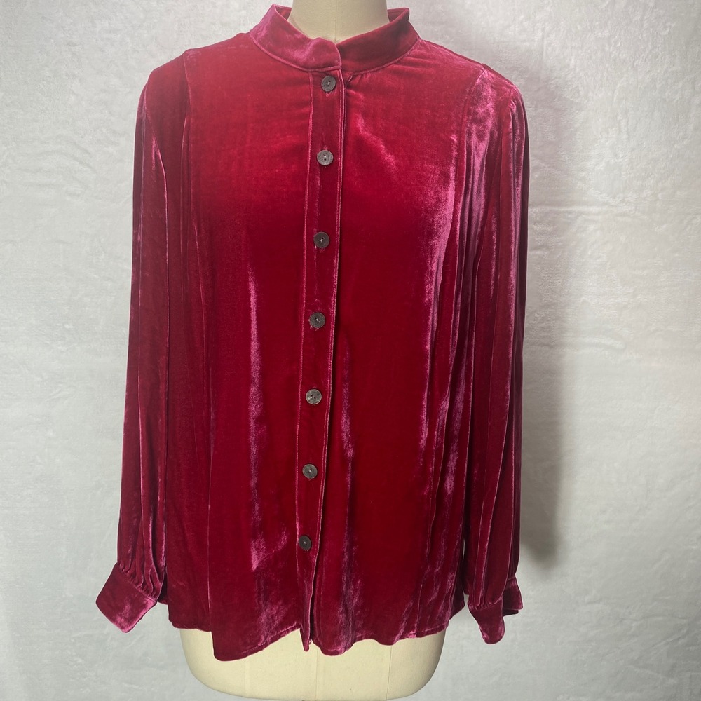 J Jill Red Velvet M Button Up Shirt Long Sleeve Silk Blend Christmas Valentines